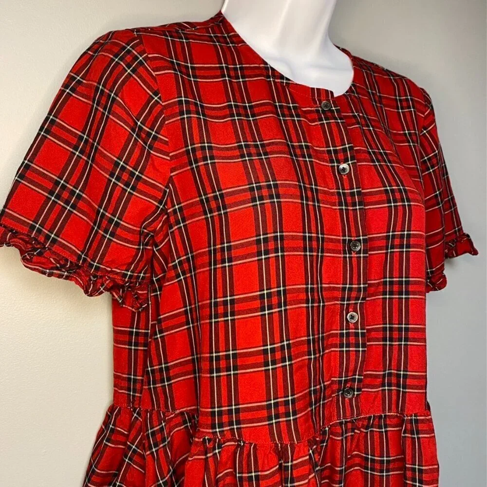 MADEWELL Red and Black Plaid Ruffle Hem Puff‎ Sleeve Button Down Blouse Size S
